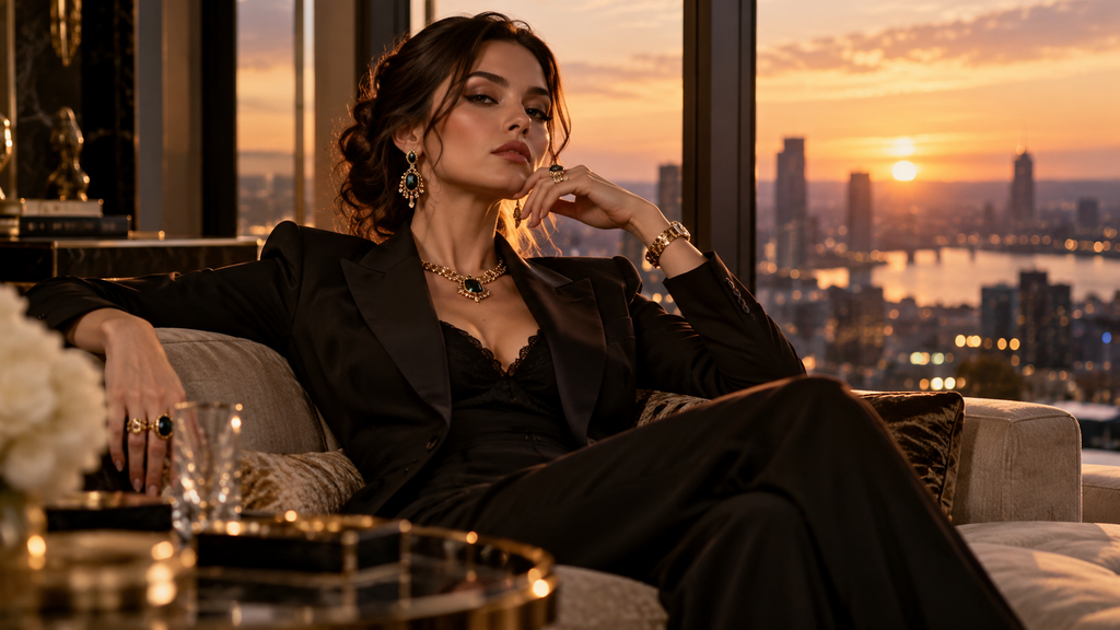 Mujer de poder ante el skyline al atardecer